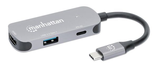 Manhattan USB-C Dock/Hub Ports (x3): HDMI USB-A and USB-C With Power Delivery (100W) to USB-C Port (Note additional USB-C wall charger and USB-C cable needed) HDMI: 4k@60Hz USB-A: 5 Gbps USB 3.2 Gen1 aka USB 3.0 Universal for all devices Cable - Thumbnail 2