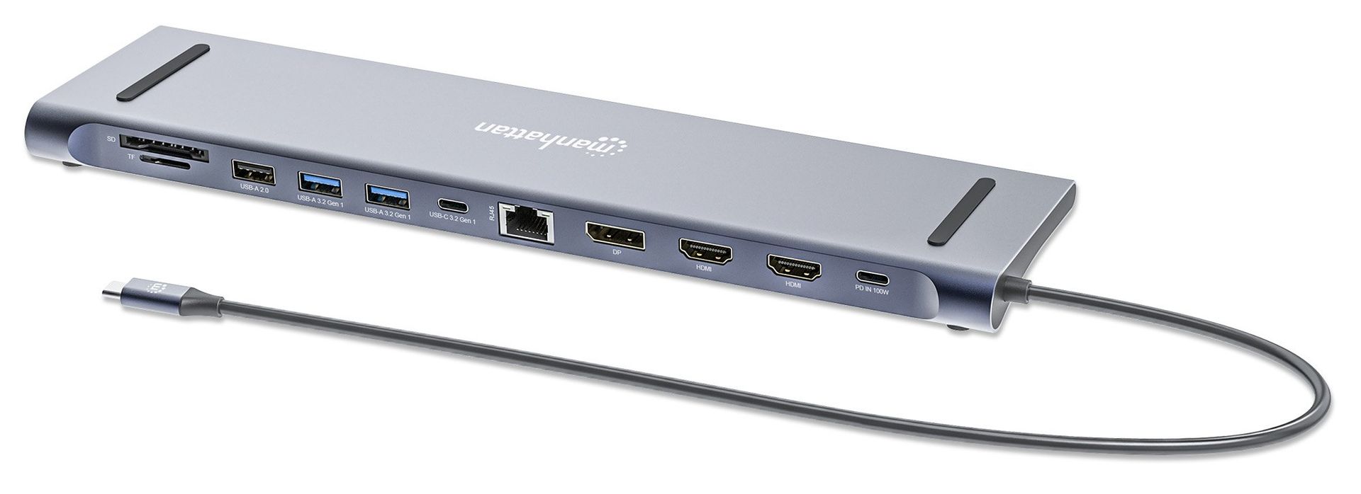 Manhattan USB-C Dock/Hub with Card Reader, Ports (x10): Audio 3.5mm, DisplayPort, Ethernet, HDMI (x2),USB-A (x3) and USB-C (x2),Power Delivery (100W) to USB-C Port (Note add USB-C wall charger and USB-C cable needed),All Ports can be used at the same time - Image 1