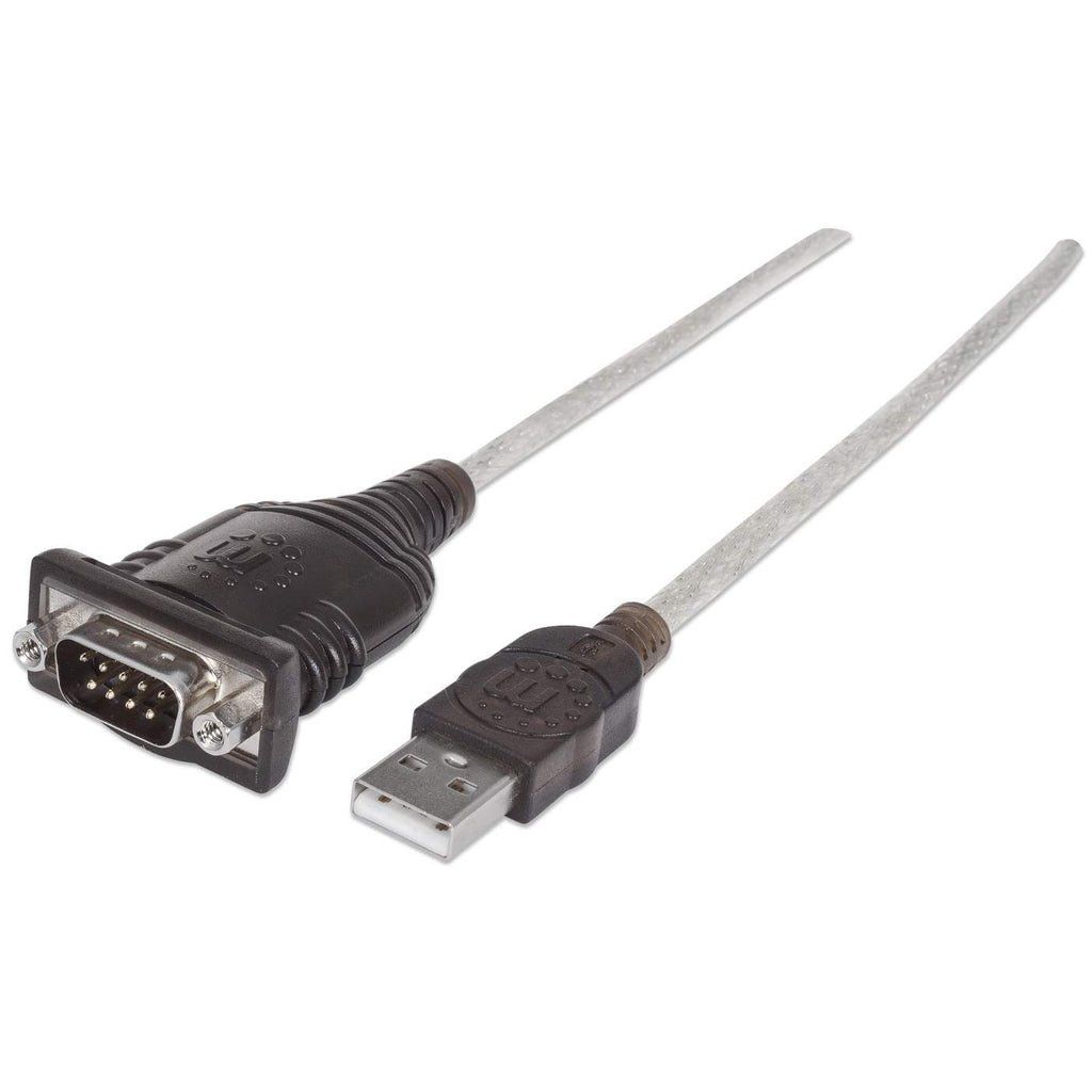 Manhattan USB-A to Serial Converter cable, 45cm, Male to Male, Serial/RS232/COM/DB9, Prolific PL-2303RA Chip, Black/Silver cable, Three Year Warranty, Equivalent to ICUSB232V2. - Image 1