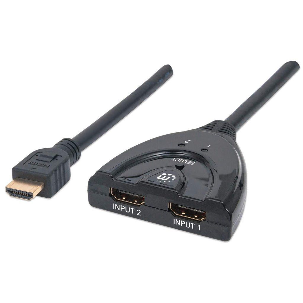 Manhattan HDMI Switch 2-Port, 1080p, Connects x2 HDMI sources to x1 display, Manual Switching (via button), Integrated Cable (50cm), No external power required, Black, Three Year Warranty - Image 1