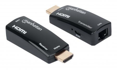 Manhattan 1080p@60Hz Compact HDMI over Ethernet Extender Kit, Extends Distances of Signal up to 60m with a Single Cat6 Ethernet Cable, Transmitter and Receiver included, Power over Cable, Ultra Slim Design, Three Year Warranty, Black - Image 1