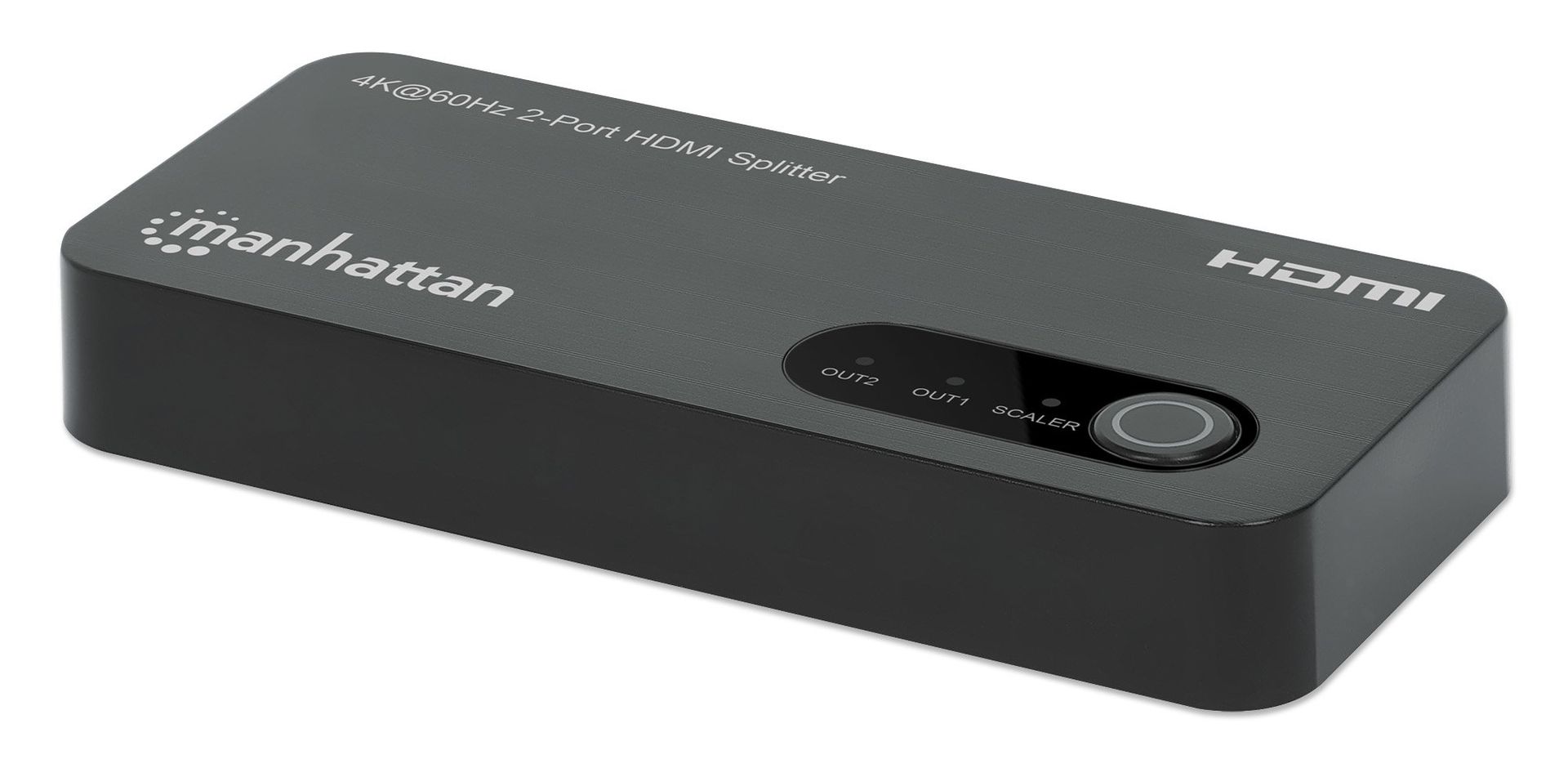 Manhattan 4K@60Hz 2-Port HDMI Splitter Splits One HDMI Input to Two HDMI Outputs (1x2), 18G, Micro-USB input for power, EDID Switch for Downscaling to 1080p, Black, 3 year warranty - Image 1