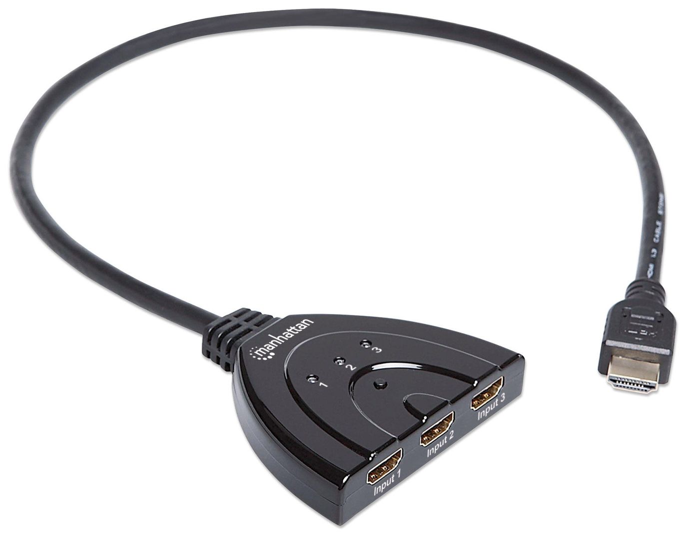 Manhattan HDMI Switch 3-Port, 1080p, Connects x3 HDMI sources to x1 display, Manual Switching (via button), Integrated Cable (58cm), No external power required, Black, Three Year Warranty - Image 1