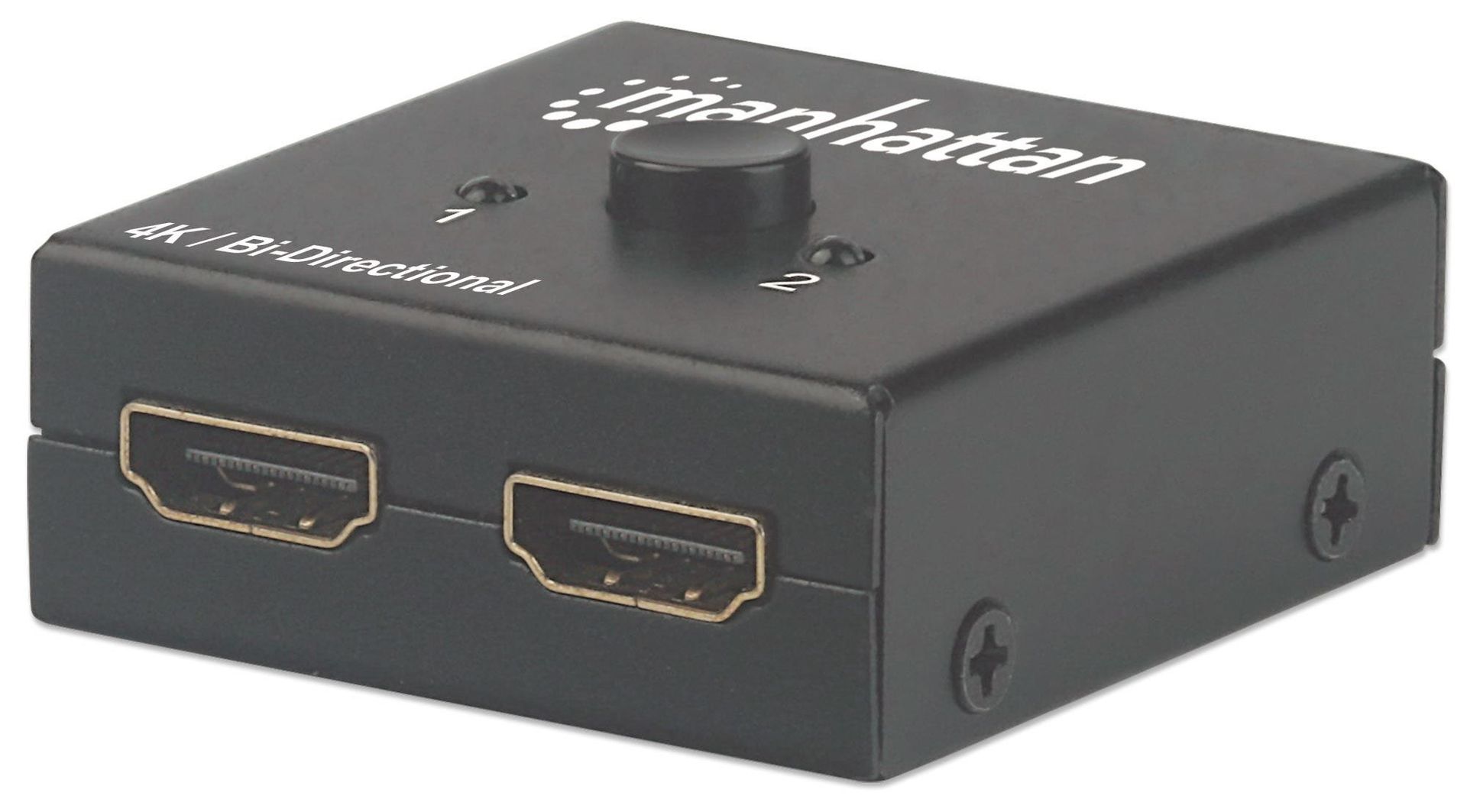 Manhattan HDMI Switch 2-Port, 4K@30Hz, Bi-Directional, Black, Displays output from x1 HDMI source to x2 HD displays (same output to both displays) or Connects x2 HDMI sources to x1 display, Manual Selection, No external power required, 3 Year Warranty - Image 1