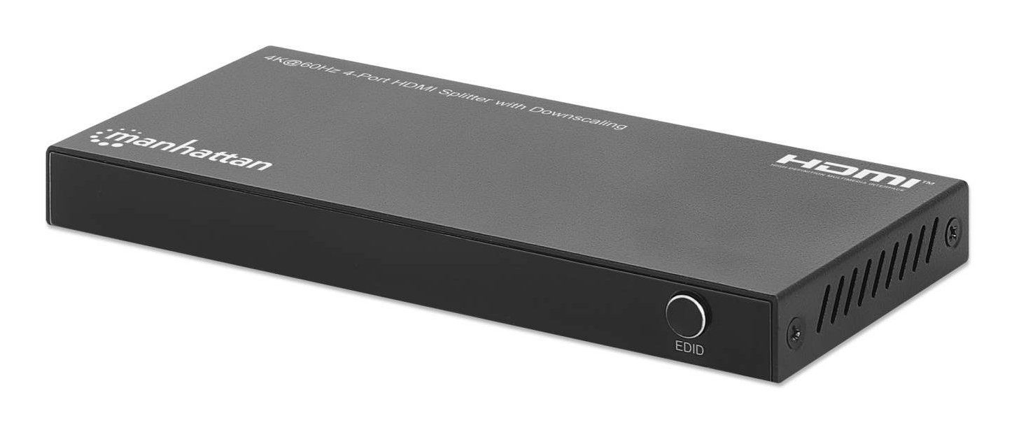 Manhattan HDMI Splitter with downscaling 4-Port , 4K@60Hz, Displays output from x1 HDMI source to x4 HD displays (same output to four displays), Downscale button to adjust a 4K input signal into 1080p, Micro-USB to USB-A power cable included (cable 0.8m), - Image 1