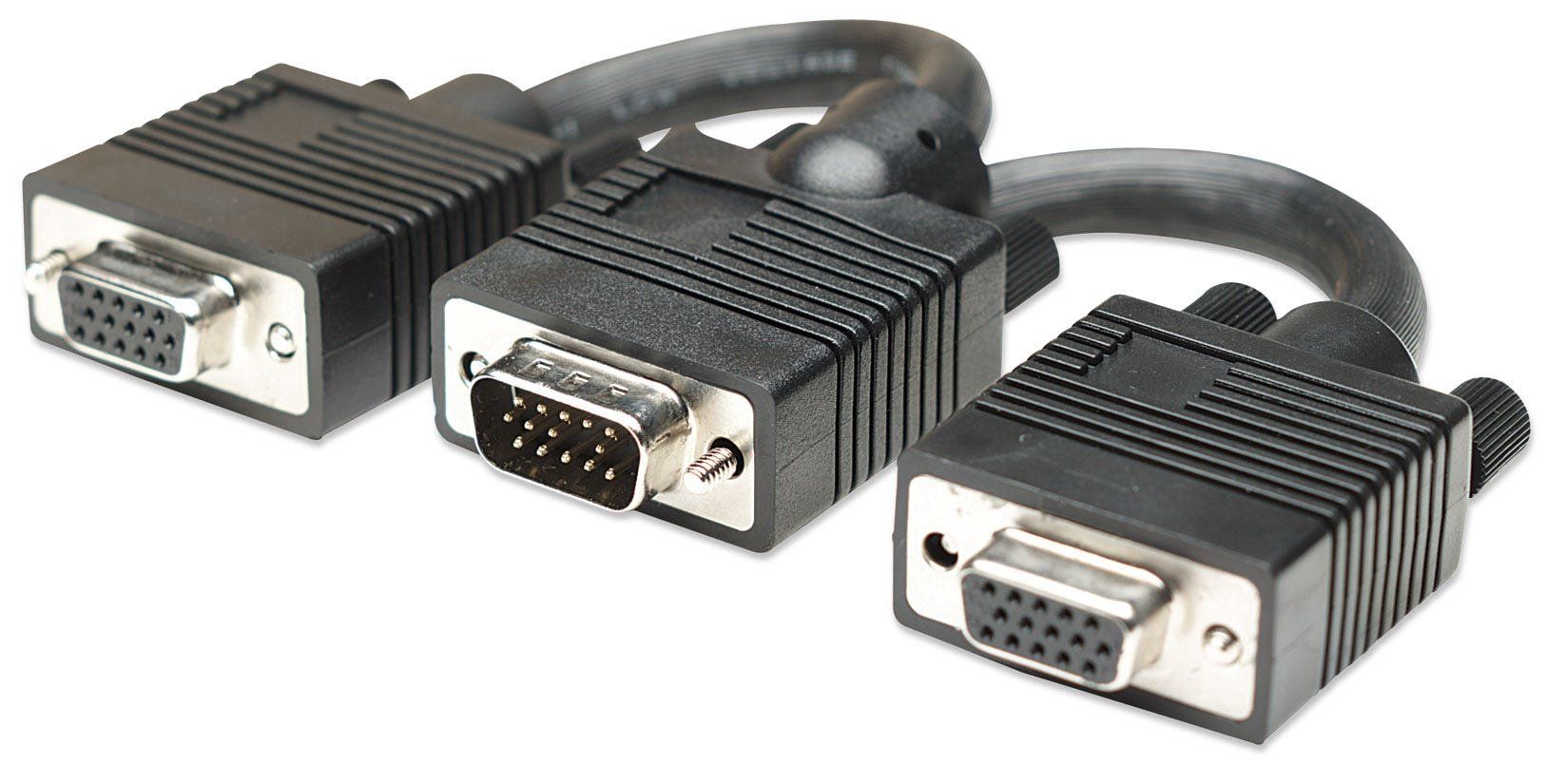 Manhattan SVGA Y Cable, HD15, 15cm, Male to Females, Splits an SVGA connection between two monitors, Compatible with VGA, Fully Shielded, Black, Lifetime Warranty - Image 1