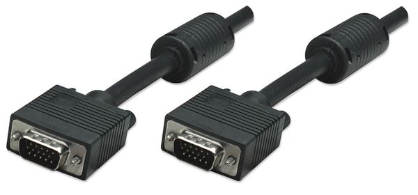 Manhattan VGA Monitor Cable (with Ferrite Cores), 1.8m, Black, Male to Male, HD15, Cable of higher SVGA Specification (fully compatible), Shielding with Ferrite Cores helps minimise EMI interference for improved video transmission, Lifetime Warranty