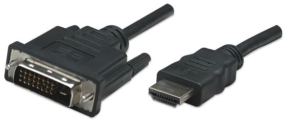 Manhattan HDMI to DVI-D 24+1 Cable, 1m, Male to Male, Black, Dual Link, Compatible with DVD-D, Lifetime Warranty, Equivalent to HDDVIMM1M