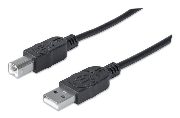 Manhattan USB-A to USB-B Cable, 1.8m, Male to Male, Black, 480 Mbps (USB 2.0), Hi-Speed USB, Lifetime Warranty, Equivalent to USB2HAB2M (except 20cm shorter).