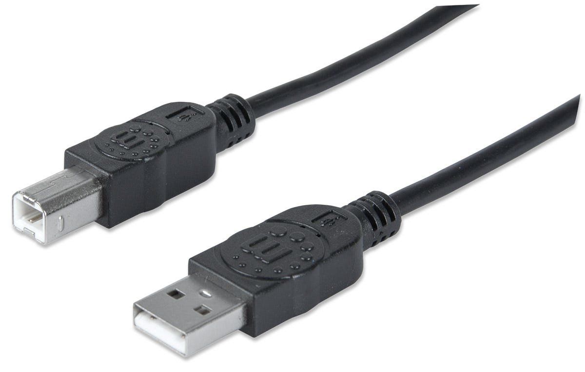 Manhattan USB-A to USB-B Cable, 3m, Male to Male, 480 Mbps (USB 2.0), Hi-Speed USB, Black, Lifetime Warranty, Equivalent to USB2HAB3M. - Image 1