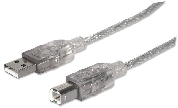 Manhattan USB-A to USB-B Cable, 3m, Male to Male, Translucent Silver, 480 Mbps (USB 2.0), Hi-Speed USB, Lifetime Warranty, Equivalent to USB2AA2M (except colour).