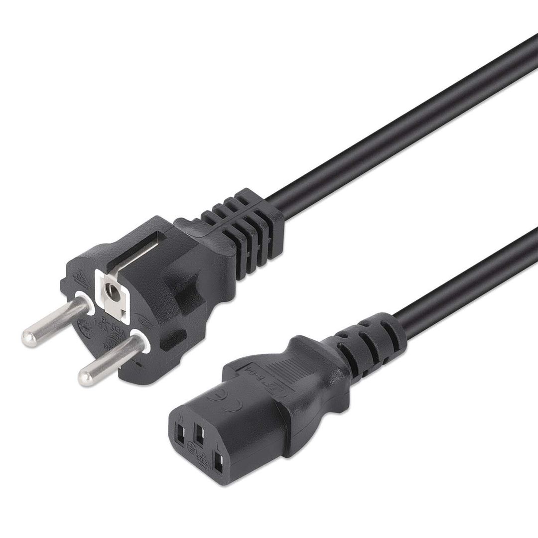 Manhattan Mains Power Cord/Cable, Euro 2-pin plug (CEE 7/4 Schuko) to C13 Female (kettle lead), 1m, 10A, Black, Lifetime Warranty - Image 1