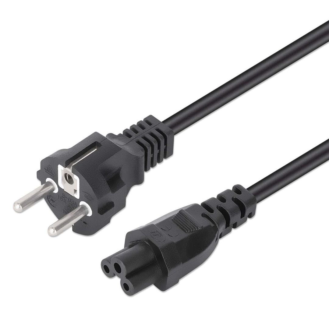 Manhattan Mains Power Cord/Cable, Euro 2-pin (CEE 7/4 Schuko) plug to C5 Female (cloverleaf/triangular), 1m, 2.5A, Lead, Lifetime Warranty - Image 1
