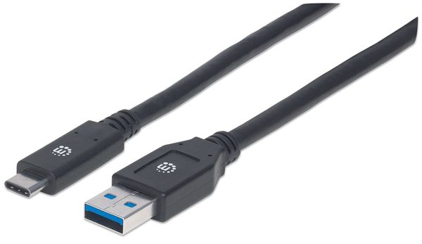Manhattan USB-C to USB-A Cable, 3m, Male to Male, 5 Gbps (USB 3.2 Gen1 aka USB 3.0), 3A (fast charging), SuperSpeed USB, Black, Lifetime Warranty