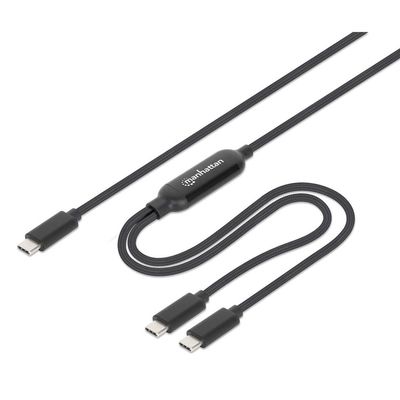 Manhattan Dual USB-C to USB-C Charging Cable, 100W, 2m, Male to Two Males, Smart Power Splitter Cable, Charges Two Devices from One USB-C PD Port, Delivers up to 100W for single charging and up to 70W + 28W for dual charging, Braided Jacket, Aluminum Boot