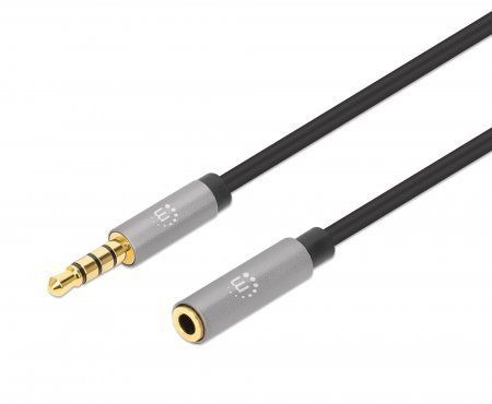 Manhattan Stereo Audio 3.5mm Extension Cable, 1m, Male/Female, Slim Design, Black/Silver, Premium with 24 karat gold plated contacts and pure oxygen-free copper (OFC) wire, Lifetime Warranty - Image 1