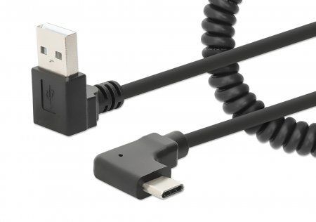 Manhattan USB-C to USB-A Cable, 1m, Male to Male, Black, 480 Mbps (USB 2.0), Tangle Resistant Curly Design, Angled Connectors, Ideal for Charging Cabinets/Carts, Charge only - not for data sync, Hi-Speed USB, Lifetime Warranty - Image 1