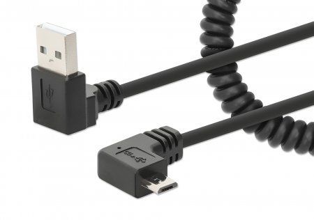 Manhattan USB-A to Micro-USB Cable, 1m, Male to Male, Black, 480 Mbps (USB 2.0), Tangle Resistant Curly Design, Angled Connectors, Ideal for Charging Cabinets/Carts, Hi-Speed USB, Lifetime Warranty - Image 1
