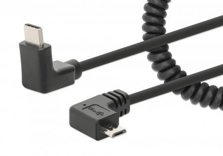 Manhattan USB-C to Micro-USB Cable, 1m, Male to Male, Black, 480 Mbps (USB 2.0), Tangle Resistant Curly Design, Angled Connectors, Ideal for Charging Cabinets/Carts, Charge only - not for data sync, Hi-Speed USB, Lifetime Warranty - Image 1