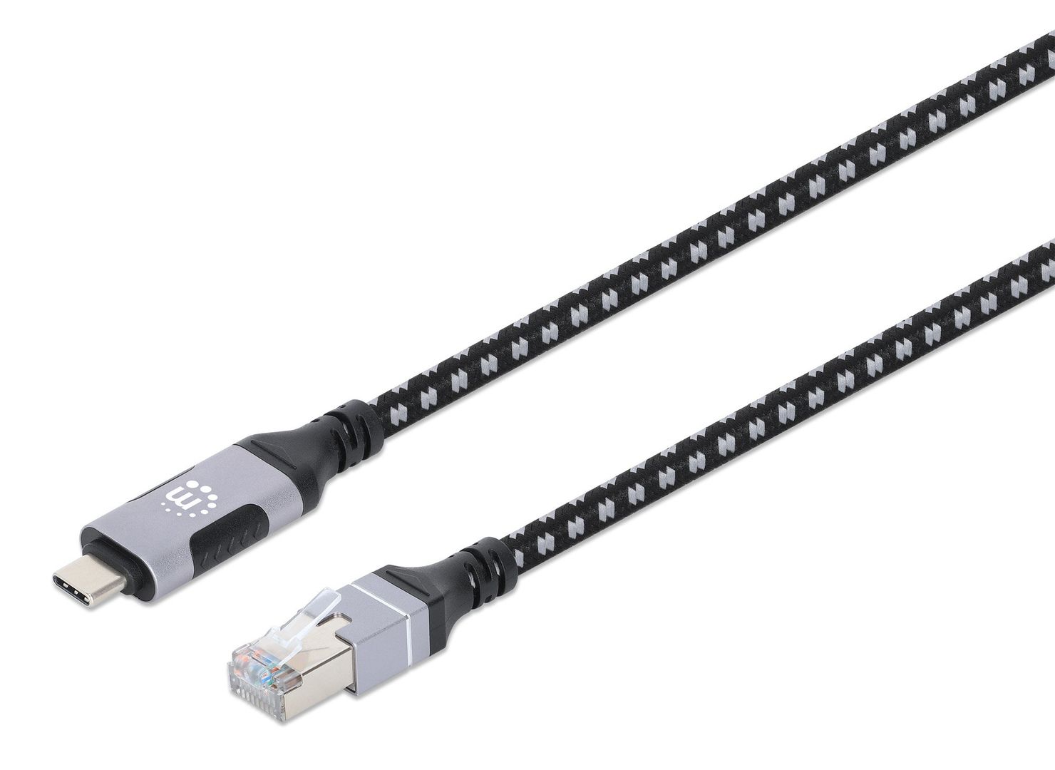 Manhattan USB-C to Gigabit (10/100/1000 Mbps) Network Ethernet RJ45 Cable, Length 2m, Multi-Gigabit Ethernet, Black/Silver, Three Year Warranty - Image 1