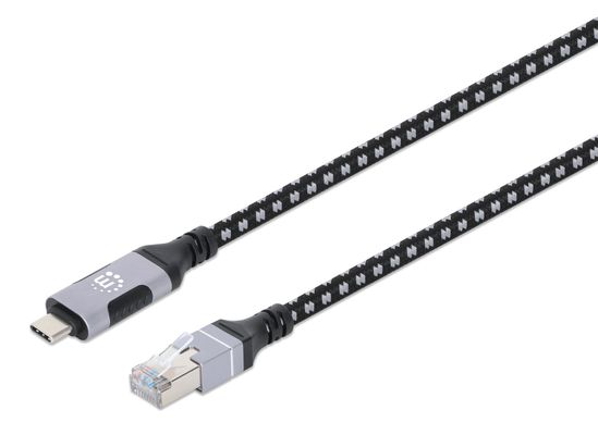 Manhattan USB-C to Gigabit (10/100/1000 Mbps) Network Ethernet RJ45 Cable, Length 2m, Multi-Gigabit Ethernet, Black/Silver, Three Year Warranty