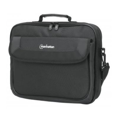 Manhattan Cambridge Laptop Bag 14.1", Clamshell Design, Black, LOW COST, Accessories Pocket, Document Compartment on Back, Shoulder Strap (removable), Equivalent to Targus CN313/CN414EU, Notebook Case, Three Year Warranty
