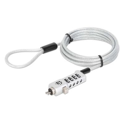 Manhattan Universal Laptop Combination Lock For Noble Wedge®, Nano and K-Slot, Secure 3-in-1 Anti-theft Notebook Lock, Resettable 4-digit Combo, 1.8m, Cut-Resistant Carbon Steel Cable, Translucent PVC Jacket, Silver