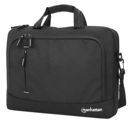 Manhattan Helsinki Eco Friendly Laptop Bag 14.1", Top Loader, Black, Padded Notebook Compartment, Front and Multiple Interior Pockets, Padded Handle, Trolley Strap, Recycled Materials, Black, Shoulder Strap (removable), Notebook Case, Three Year Warranty - Image 1