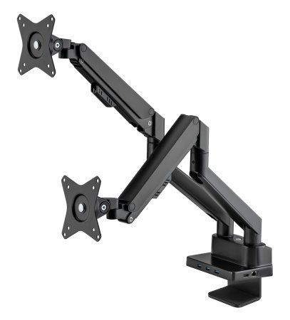 Manhattan Dual Desk Mount for TV & Monitors (Full Motion Gas Spring) with built-in Dock, For screens to 27", Ports (x7): Ethernet,HDMI (x2),USB-A (x3) and USB-C,Power Delivery (100W) to USB-C Port (Separate USB-C wall charger/cable needed),VESA: 75x75 and - Image 1