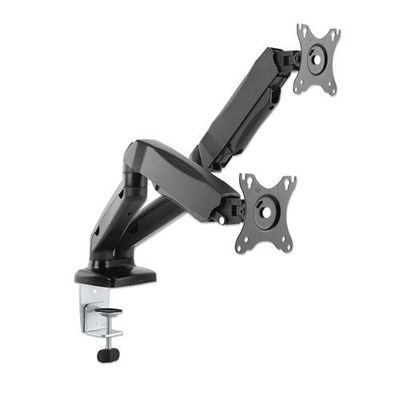 Manhattan Dual Desk Mount for TV & Monitors (Full Motion Spring), For screens 10" to 27", C-Clamp or Grommet Assembly,VESA compatability: 75x75 and 100x100mm -check the dimensions of the four mounting holes on back of screen to ensure it fits,Max 9kg (eac