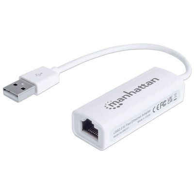 Manhattan USB-A Fast Ethernet Adapter, 10/100 Mbps Network, 480 Mbps (USB 2.0), Hi-Speed USB, RJ45, White, Three Year Warranty