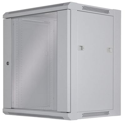 Intellinet 19" Network Cabinet - Wall Mount (Standard) 12U 450mm Deep Grey Flatpack Max 60kg Suitable also for use on desk or floor Usable Depth 260mm Metal & Glass Door Back Panel Removeable Sides Parts for wall install (eg screws/rawl pl
