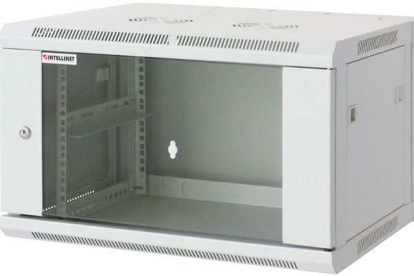 Intellinet 19" Network Cabinet - Wall Mount (Standard) 12U 450mm Deep Grey Assembled Max 60kg Suitable also for use on desk or floor Usable Depth 350mm Metal & Glass Door Back Panel Removeable Sides Parts for wall install (eg screws/rawl p