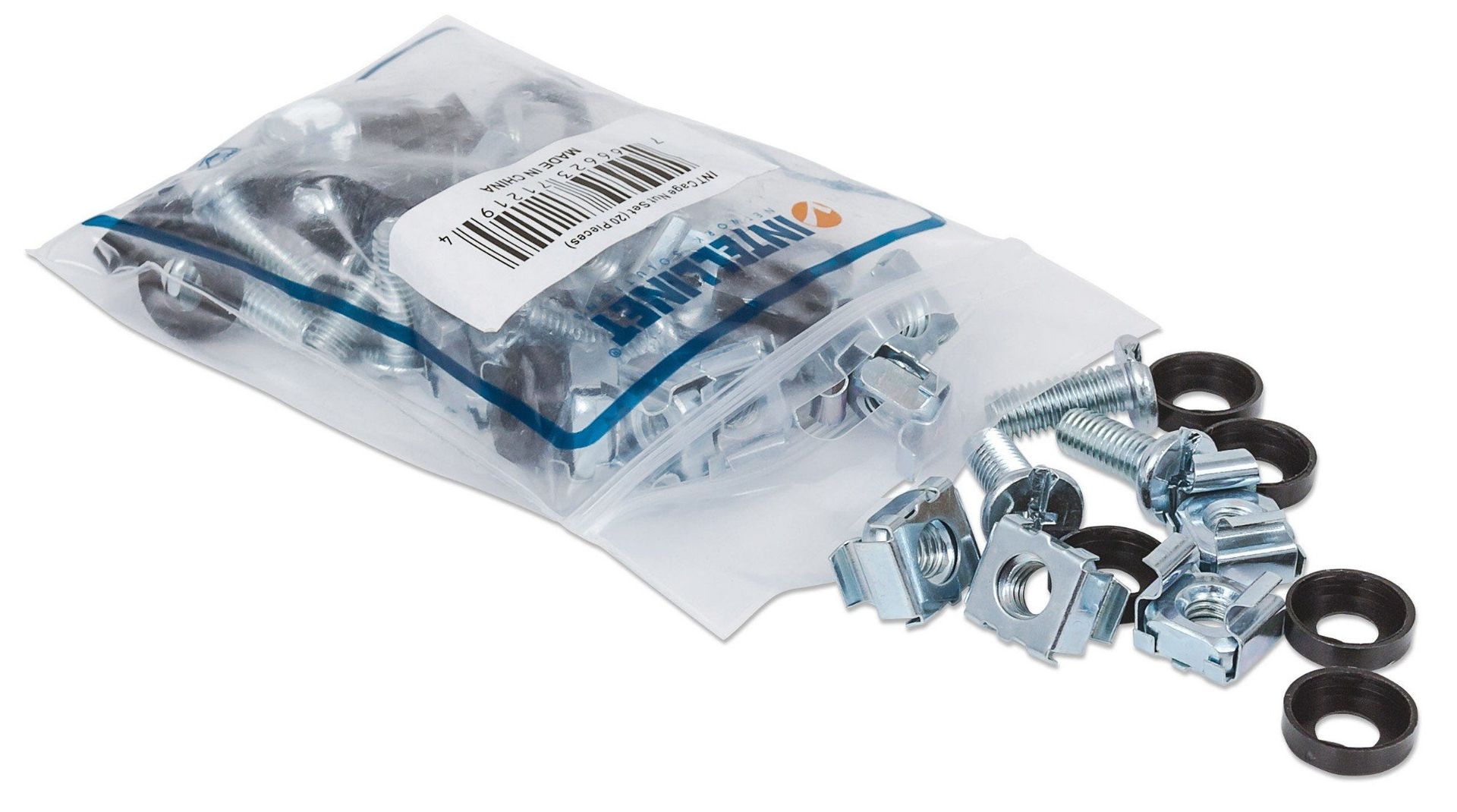 Intellinet Cage Nut Set (20 Pack) M6 Nuts Bolts and Washers Suitable for Network Cabinets/Server Racks Plastic Storage Jar Lifetime Warranty - Image 1