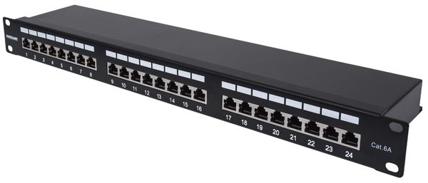Intellinet Patch Panel Cat6a FTP 24-Port 1U Shielded 90 Top-Entry Punch Down Blocks Black