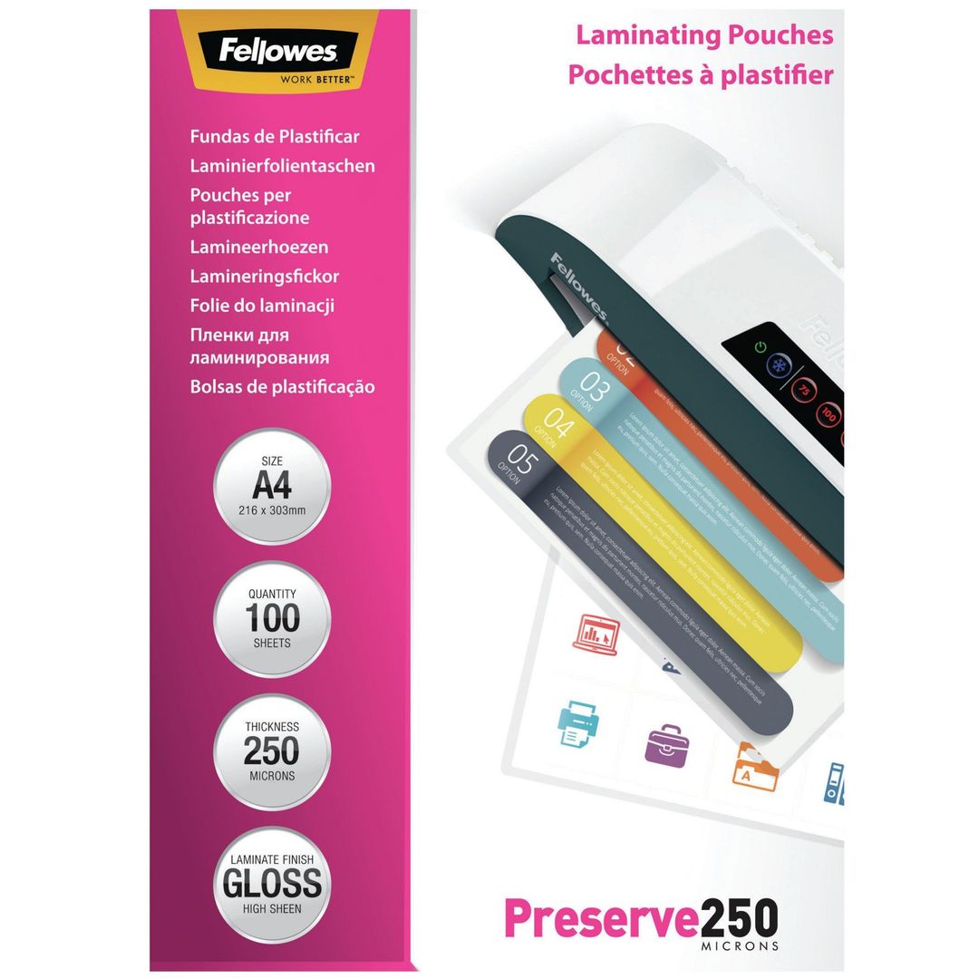 Fellowes A4 Glossy 250 Micron Laminating Pouch - 100 pack - Image 1