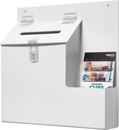 Deflecto Suggestion Box (140 x 13mm Drop Slot) With Built In 105mm Wide Leaflet Holder 355 x 360 x 90mm White - 79803