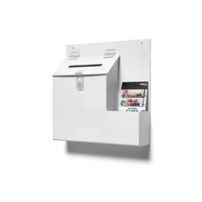 Deflecto Suggestion Box (140 x 13mm Drop Slot) With Built In 105mm Wide Leaflet Holder 355 x 360 x 90mm White - 79803 - Thumbnail 2