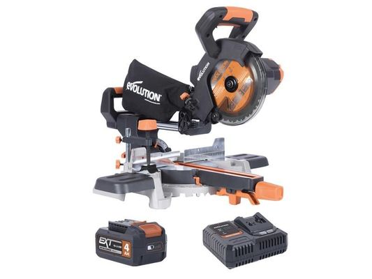 Evolution Evolution R185SMS-Li 18V 185mm Sliding Mitre Saw with 4Ah Battery, Fast Charger & Multi-Material Blade