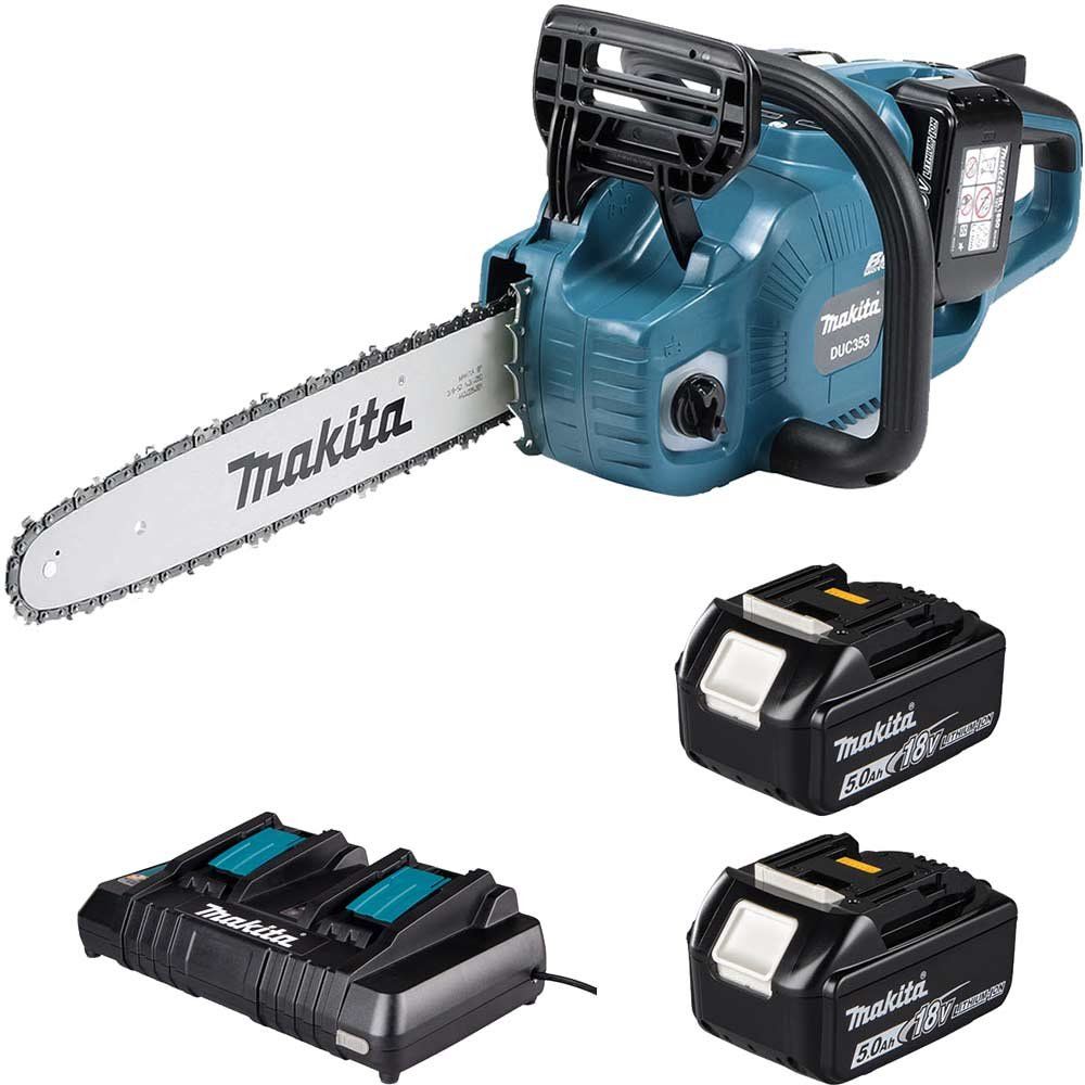 Makita DUC353 Twin 18v LXT Cordless Brushless Chainsaw 350mm 2 x 5ah Li-ion Battery Charger - Image 1