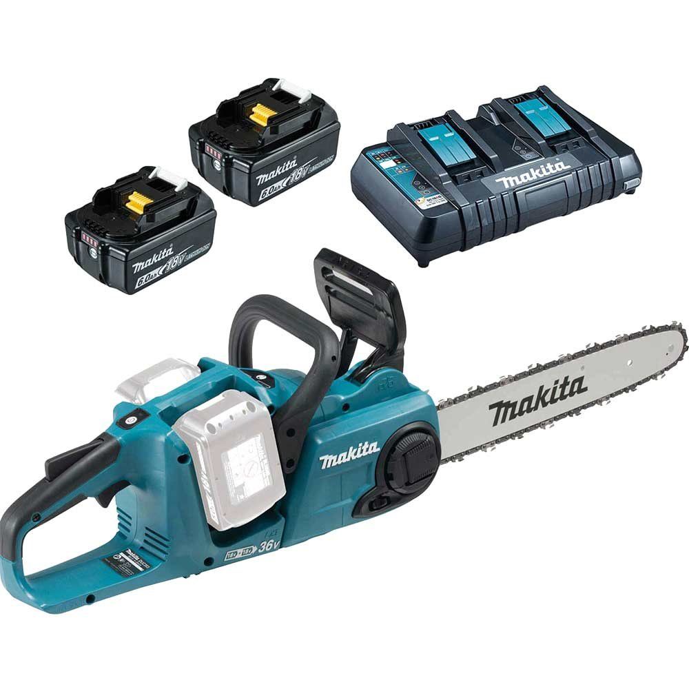 Makita DUC353 Twin 18v LXT Cordless Brushless Chainsaw 350mm 2 x 6ah Li-ion Battery Charger - Image 1