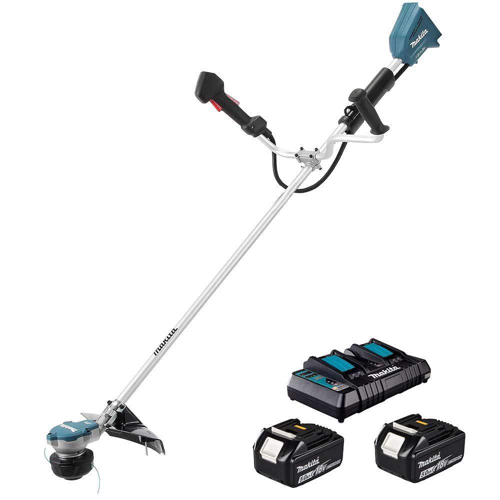 Makita DUR368A Twin 18v LXT Cordless Brushless Brush Cutter 350mm 2 x 5ah Li-ion Battery Charger - Image 1