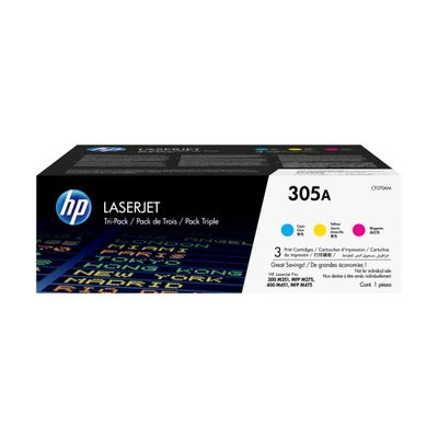 HP 305A 3-pack Cyan/Magenta/Yellow Original LaserJet Toner Cartridges. Colour toner page yield: 2600 pages Printing colours: Cyan Magenta Yellow Quantity per pack: 3 pc(s)