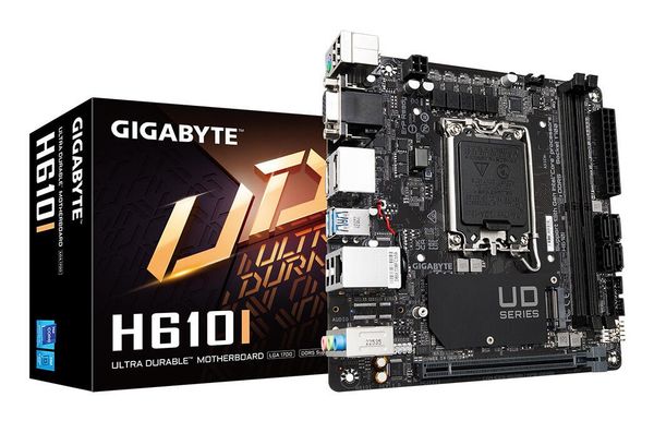 GIGABYTE H610I Motherboard - Supports Intel Core 14th CPUs 4+1+1 Hybrid Digital VRM up to 5600MHz DDR5 1xPCIe 3.0 M.2 GbE LAN USB 3.2 Gen 1 Intel LGA 1700 Intel Celeron Intel Core i3 Intel Core i5 Intel Core i7 Intel Core i9 In