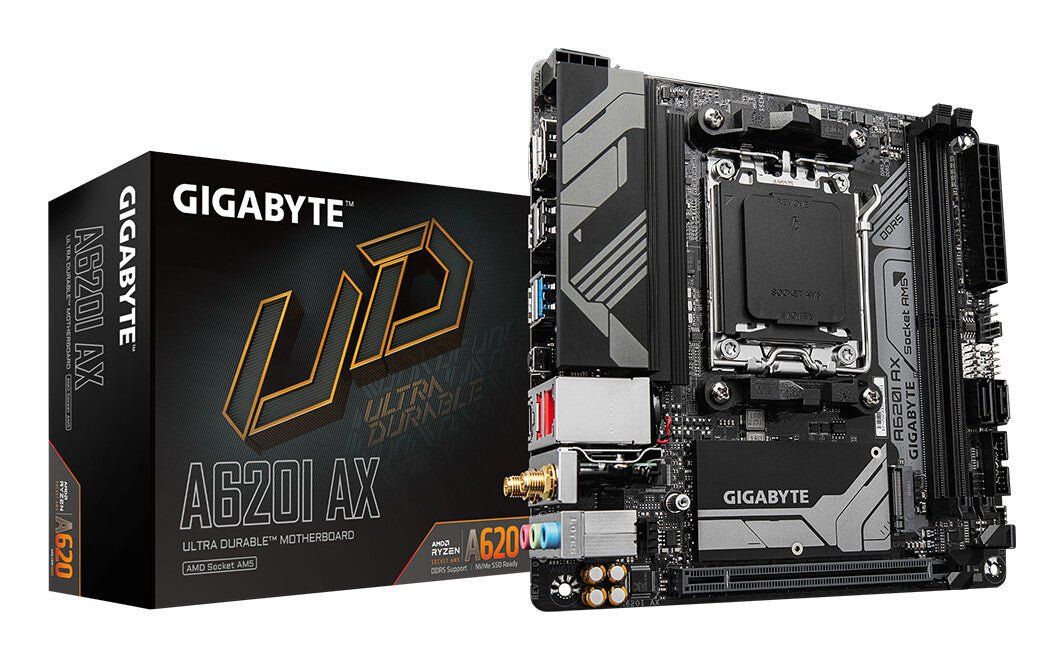 GIGABYTE A620I AX Motherboard - Supports AMD Ryzen 8000 CPUs 5+2+1 Phases Digital VRM up to 6400MHz DDR5 (OC) 1xPCIe 4.0 M.2 Wi-Fi 6E 2.5GbE LAN USB 3.2 Gen 2 AMD Socket AM5 AMD Ryzen 7000 Series Socket AM5 96 GB DDR5-SDRAM - Image 1