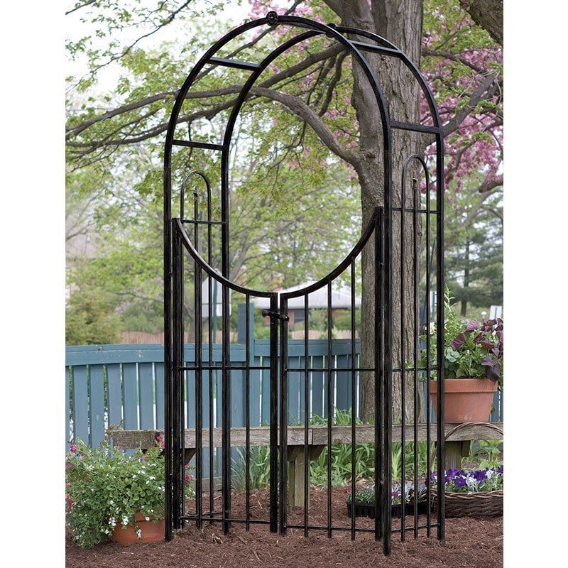 Panacea Sunset Metal Garden Arch with Gate - Black 7'5 x 4'1 - Image 1