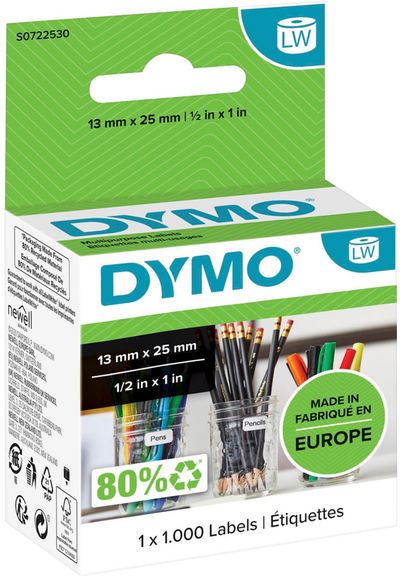 DYMO Authentic LabelWriter Small Multi-Purpose Labels | 13 mm x 25 mm | Self-Adhesive | Roll of 1000 | Easy-Peel Labels | for LabelWriter Label Makers | Made in Europe