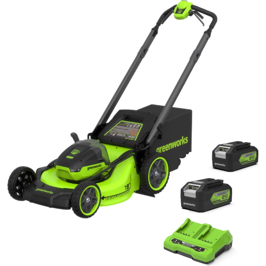 Greenworks MO48L 48v Cordless Brushless Self Propelled Rotary Lawnmower 460mm 2 x 4ah Li-ion Twin Battery Charger - Image 1
