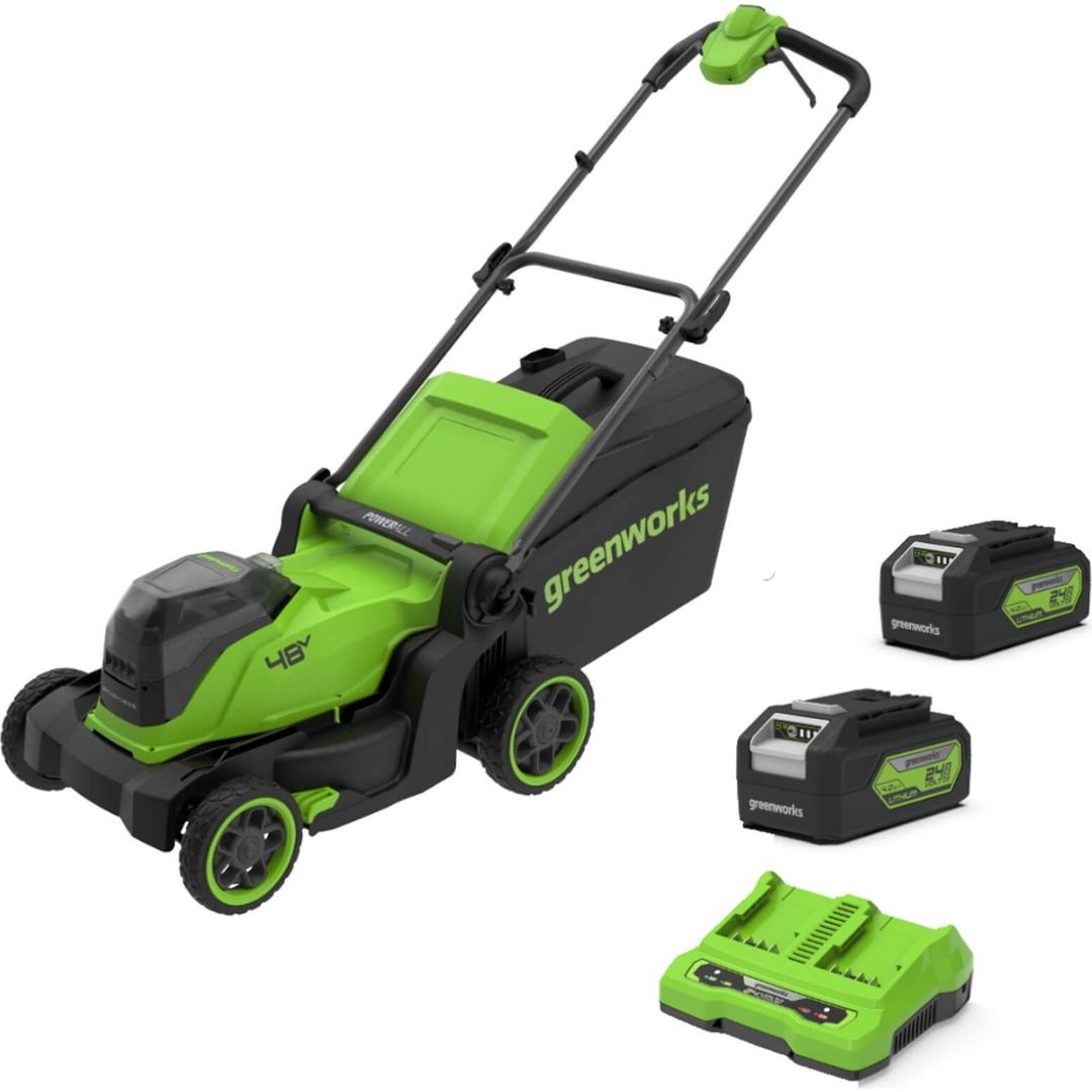 Greenworks MO48L 48v Cordless Rotary Lawnmower 410mm 2 x 4ah Li-ion Twin Battery Charger - Image 1