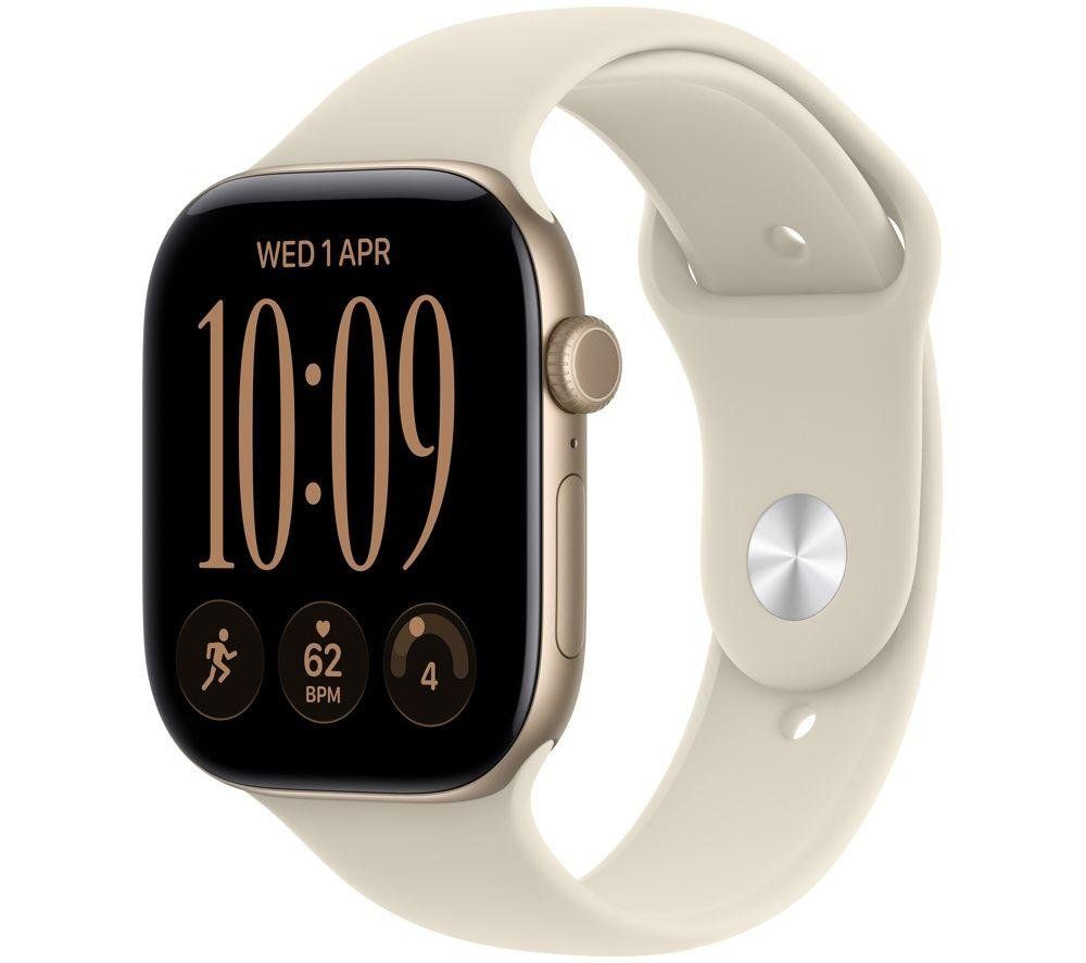 APPLE Watch Series 12 GPS 46mm Light Gold Aluminum Case with Sand Sport Band - M/L, Cream,Gold - Image 1